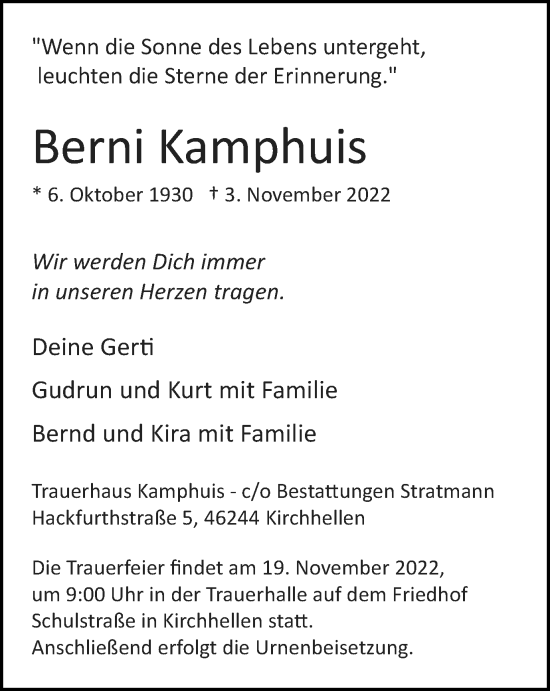 Traueranzeige von Berni Kamphuis von Tageszeitung