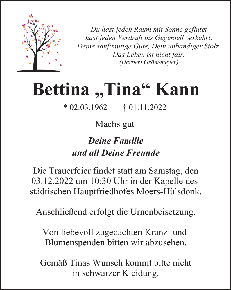 Traueranzeige für Bettina Kann vom 23.11.2022 aus Tageszeitung