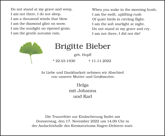 Traueranzeige von Brigitte Bieber von Tageszeitung