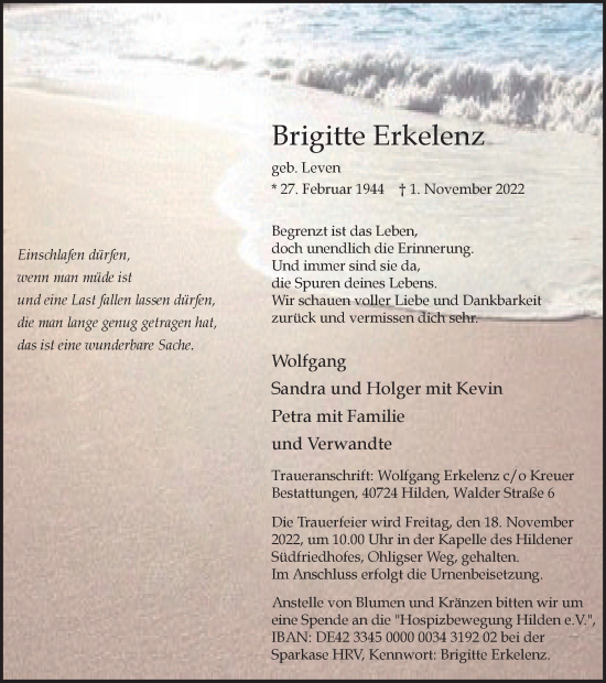 Traueranzeige von Brigitte Erkelenz von Tageszeitung