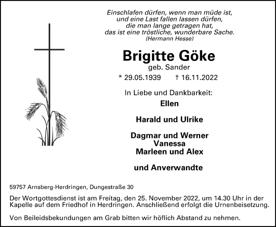 Traueranzeige von Brigitte Göke von Tageszeitung