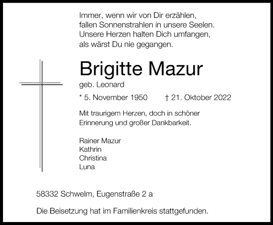 Traueranzeige von Brigitte Mazur von Tageszeitung