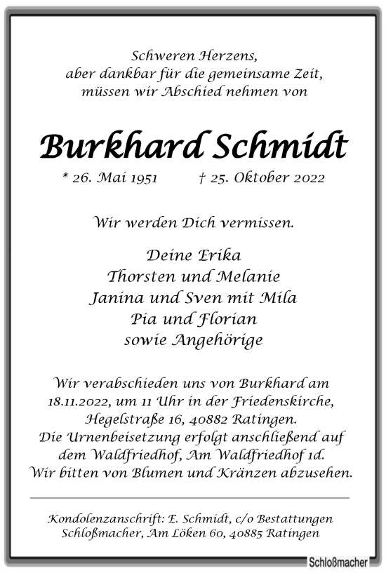 Traueranzeige von Burkhard Schmidt von Tageszeitung