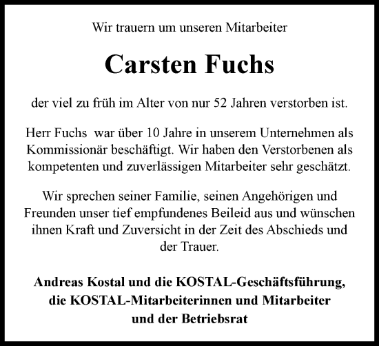 Traueranzeige von Carsten Fuchs von Tageszeitung