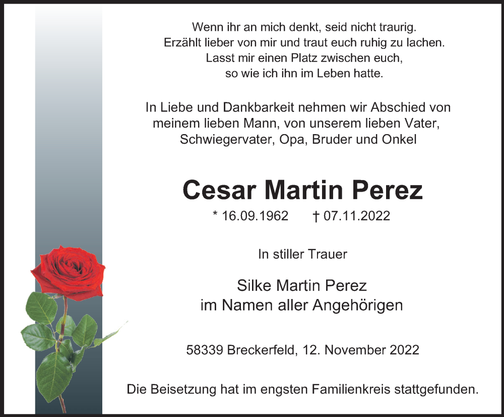  Traueranzeige für Cesar Martin Perez vom 12.11.2022 aus Tageszeitung