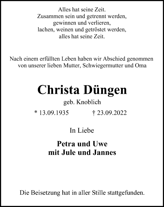 Traueranzeige von Christa Düngen von Tageszeitung