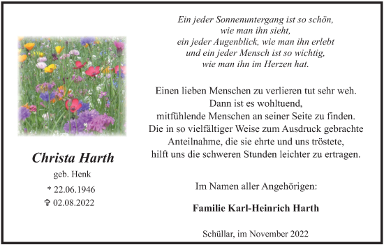 Traueranzeige von Christa Harth von Tageszeitung