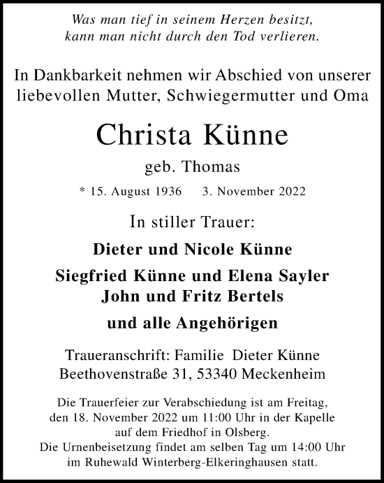 Traueranzeige von Christa Künne von Tageszeitung