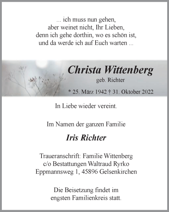 Traueranzeige von Christa Wittenberg von Tageszeitung