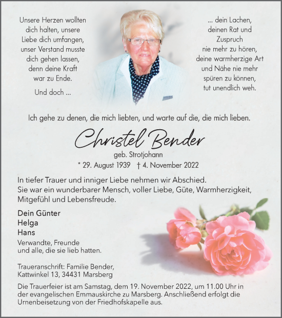 Traueranzeige von Christel Bender von Tageszeitung