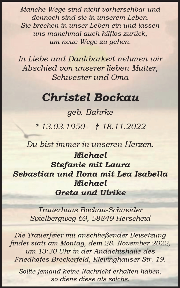  Traueranzeige für Christel Bockau vom 24.11.2022 aus Tageszeitung