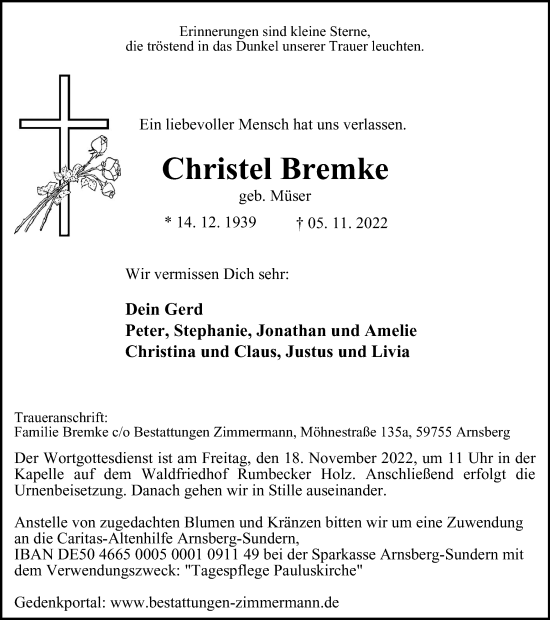 Traueranzeige von Christel Bremke von Tageszeitung