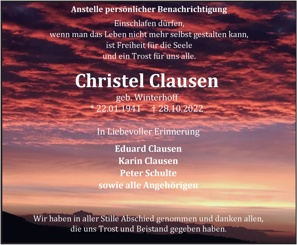  Traueranzeige für Christel Clausen vom 12.11.2022 aus Tageszeitung