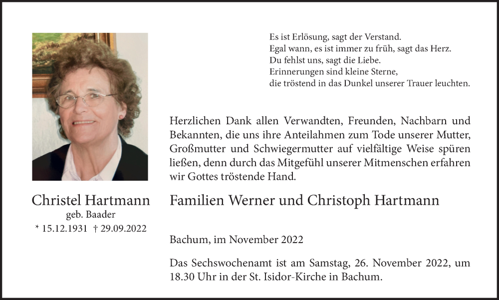  Traueranzeige für Christel Hartmann vom 19.11.2022 aus Tageszeitung