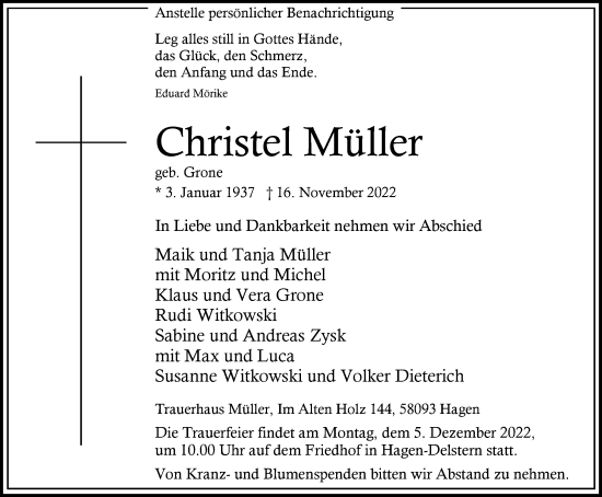 Traueranzeige von Christel Müller von Tageszeitung
