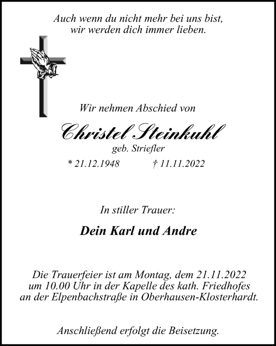 Traueranzeige von Christel Steinkuhl von Tageszeitung
