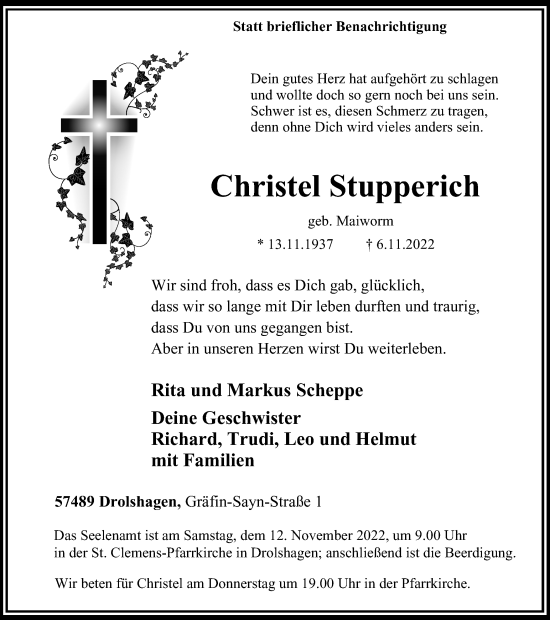 Traueranzeige von Christel Stupperich von Tageszeitung