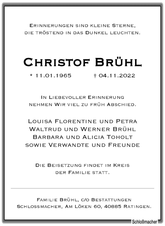 Traueranzeige von Christof Brühl von Tageszeitung