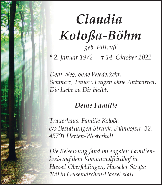 Traueranzeige von Claudia Koloßa-Böhm von Tageszeitung