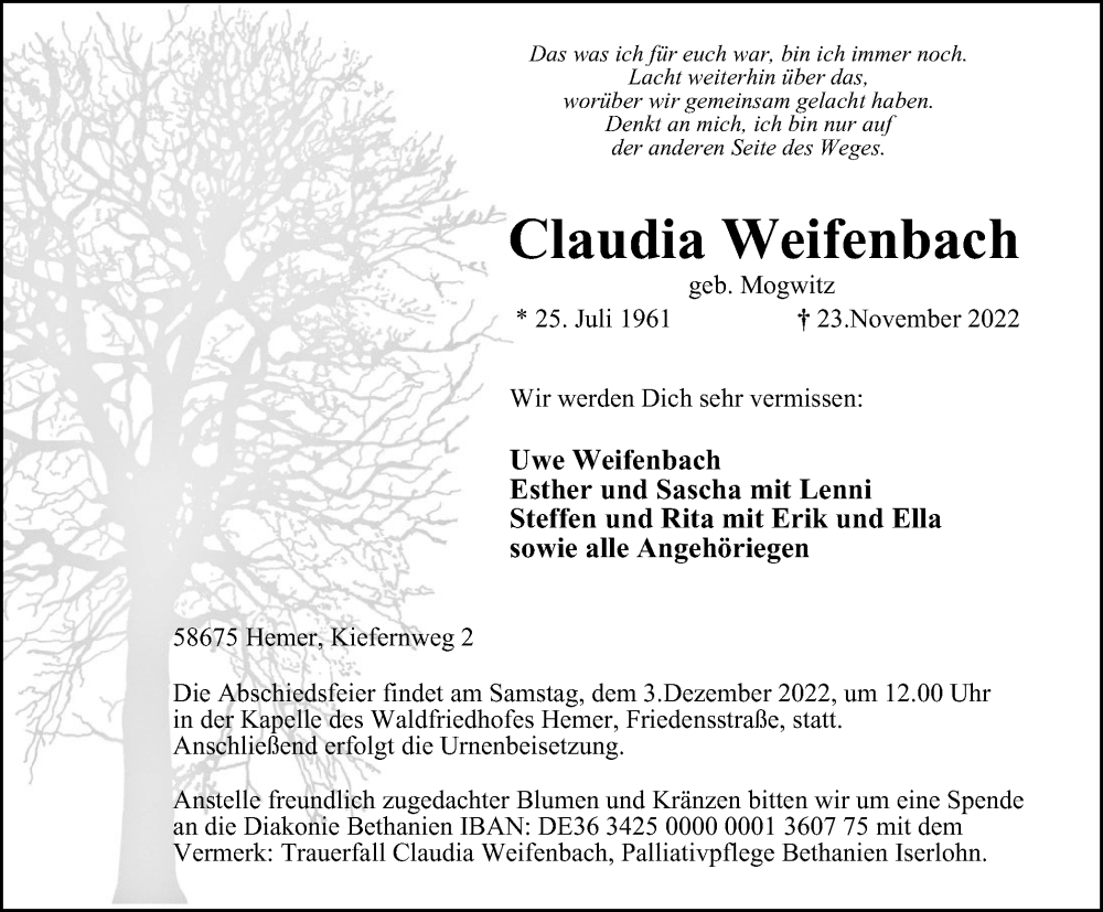  Traueranzeige für Claudia Weifenbach vom 29.11.2022 aus Tageszeitung