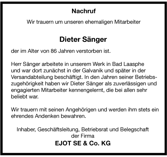 Traueranzeige von Dieter Sänger von Tageszeitung