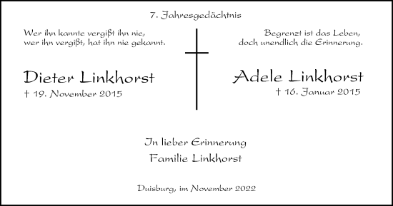 Traueranzeige von Dieter und Adele Linkhorst von Tageszeitung