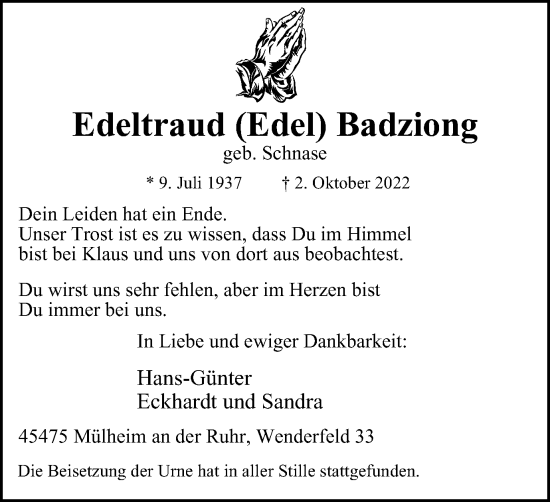 Traueranzeige von Edeltraud Badziong von Tageszeitung