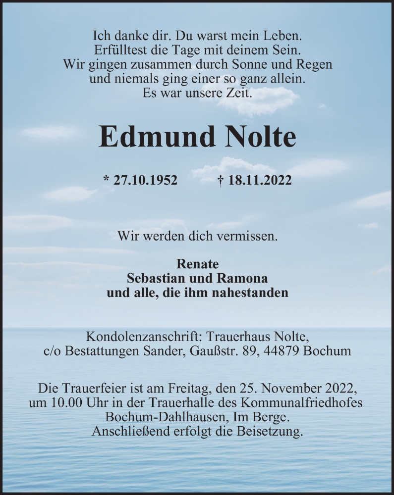  Traueranzeige für Edmund Nolte vom 23.11.2022 aus Tageszeitung