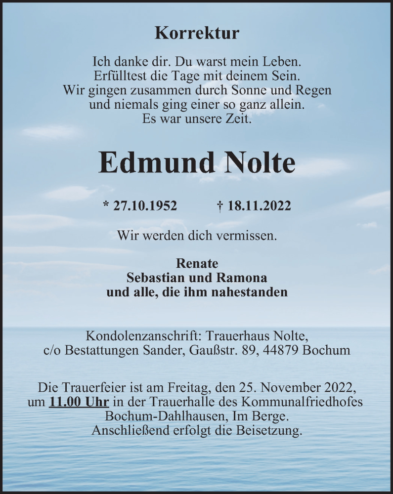  Traueranzeige für Edmund Nolte vom 24.11.2022 aus Tageszeitung
