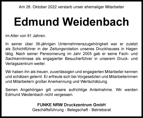 Traueranzeige von Edmund Weidenbach von Tageszeitung