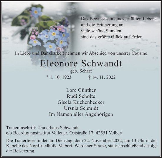 Traueranzeige von Eleonore Schwandt von WVW Anzeigenblätter