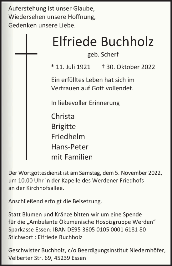 Traueranzeige von Elfriede Buchholz von Tageszeitung