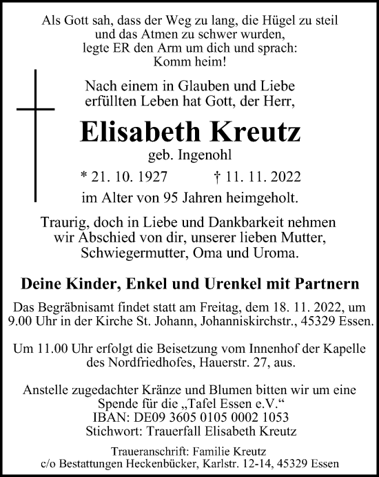 Traueranzeige von Elisabeth Kreutz von Tageszeitung