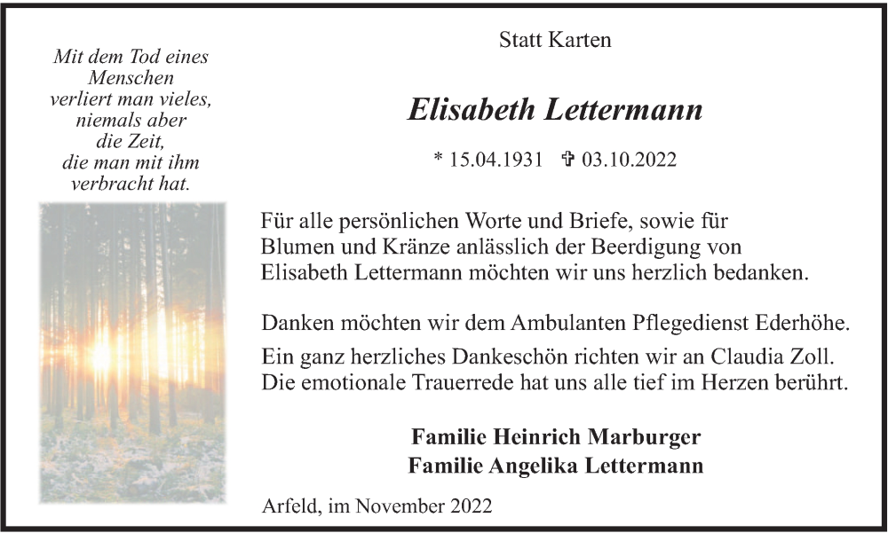  Traueranzeige für Elisabeth Lettermann vom 26.11.2022 aus Tageszeitung