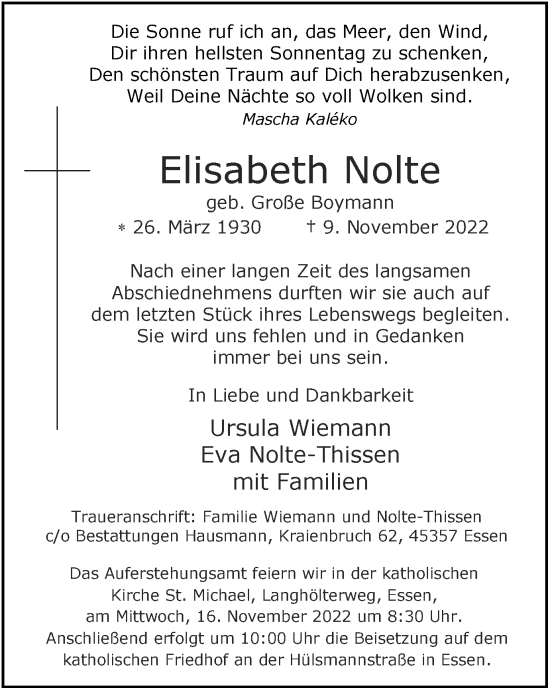Traueranzeige von Elisabeth Nolte von Tageszeitung
