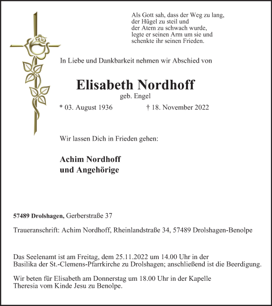 Traueranzeige von Elisabeth Nordhoff von Tageszeitung