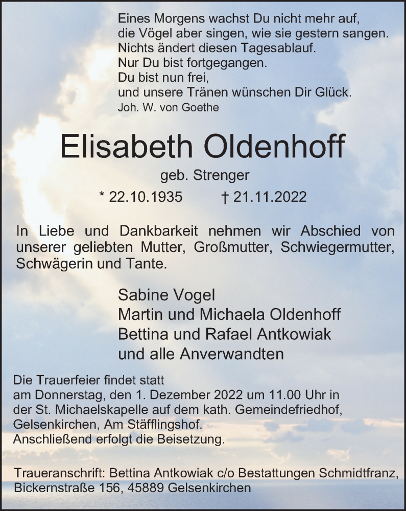  Traueranzeige für Elisabeth Oldenhoff vom 24.11.2022 aus Tageszeitung