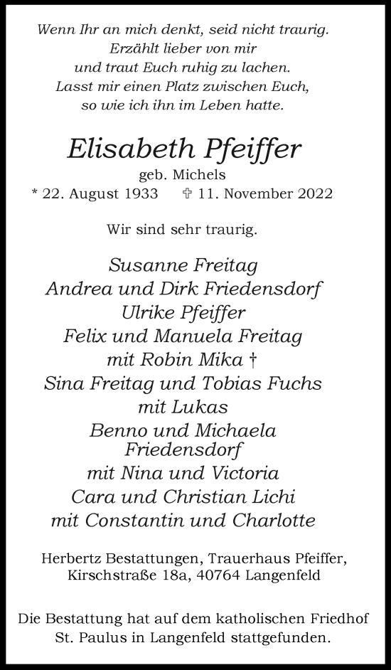 Traueranzeige von Elisabeth Pfeiffer von WVW Anzeigenblätter