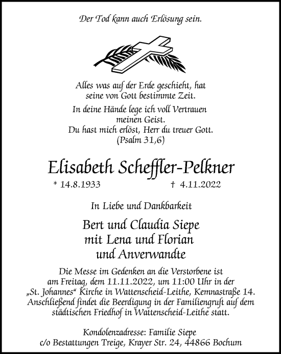 Traueranzeige von Elisabeth Scheffler-Pelkner von Tageszeitung