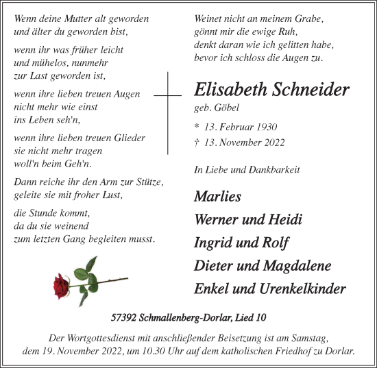 Traueranzeige von Elisabeth Schneider von Tageszeitung