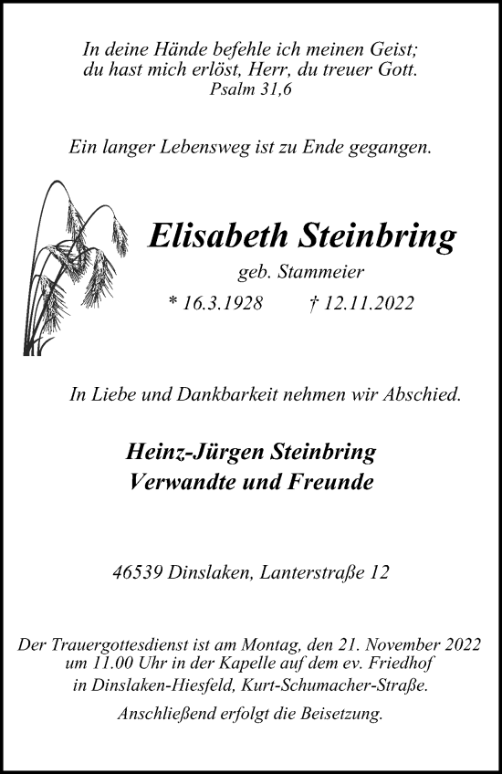Traueranzeige von Elisabeth Steinbring von Tageszeitung