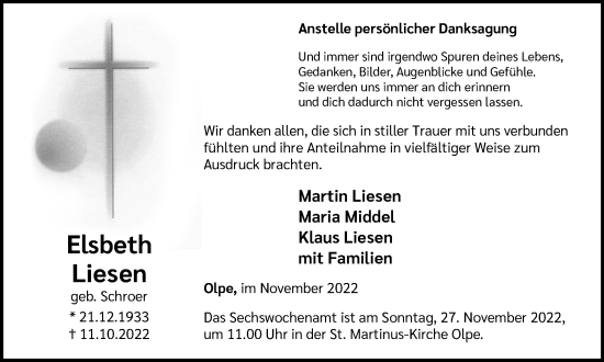 Traueranzeige von Elsbeth Liesen von Tageszeitung