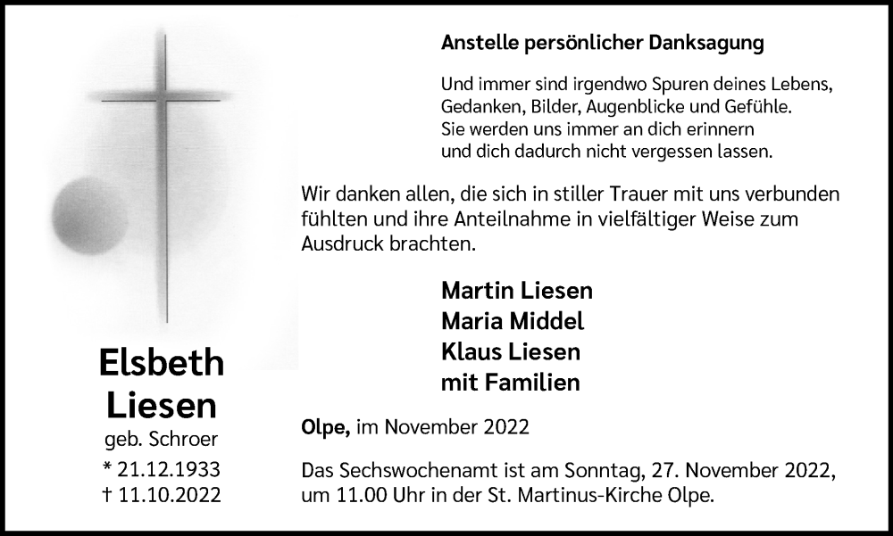  Traueranzeige für Elsbeth Liesen vom 19.11.2022 aus Tageszeitung