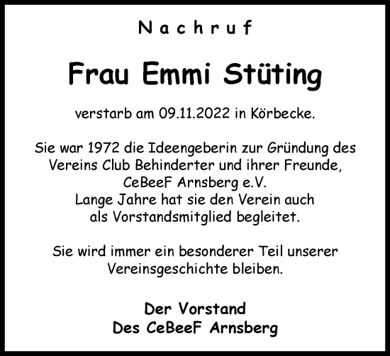Traueranzeige von Emmi Stüting von Tageszeitung