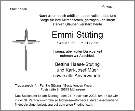 Traueranzeige von Emmi Stüting von Tageszeitung