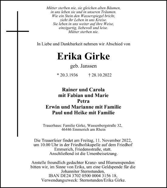 Traueranzeige von Erika Girke von Tageszeitung