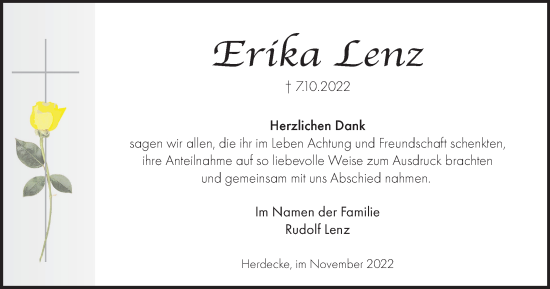 Traueranzeige von Erika Lenz von Tageszeitung