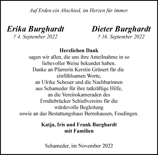 Traueranzeige von Erika und Dieter Burghardt von Tageszeitung