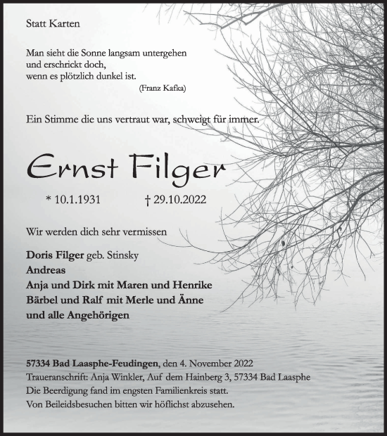 Traueranzeige von Ernst Filger von Tageszeitung
