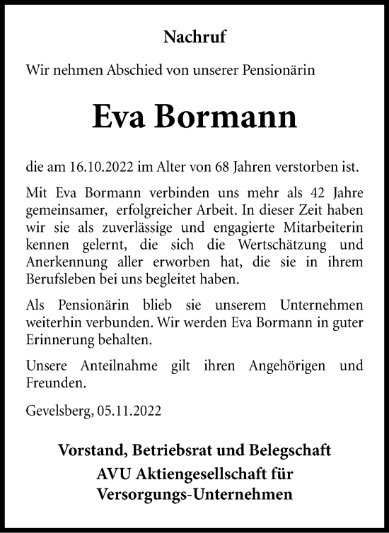 Traueranzeige von Eva Bormann von Tageszeitung